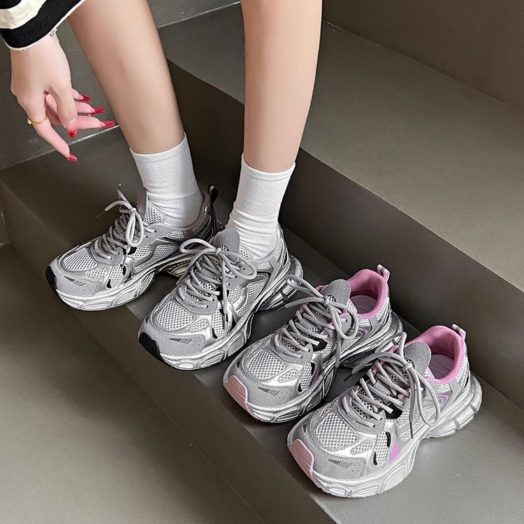 Thick soled fashionable dad 2024 new easy to match silver gray casual sports trendy shoes for women