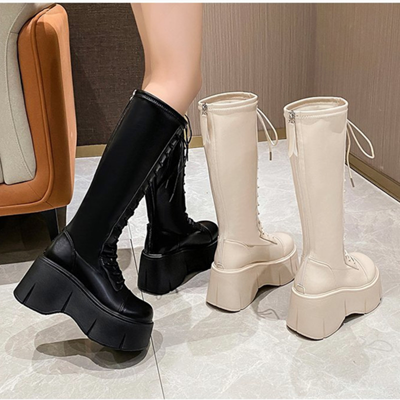 Mid Calf Women Winter Woman Ankle Boots Soft Lace-up Zipper Botas Mujer Platform Heel Ladies Shoes
