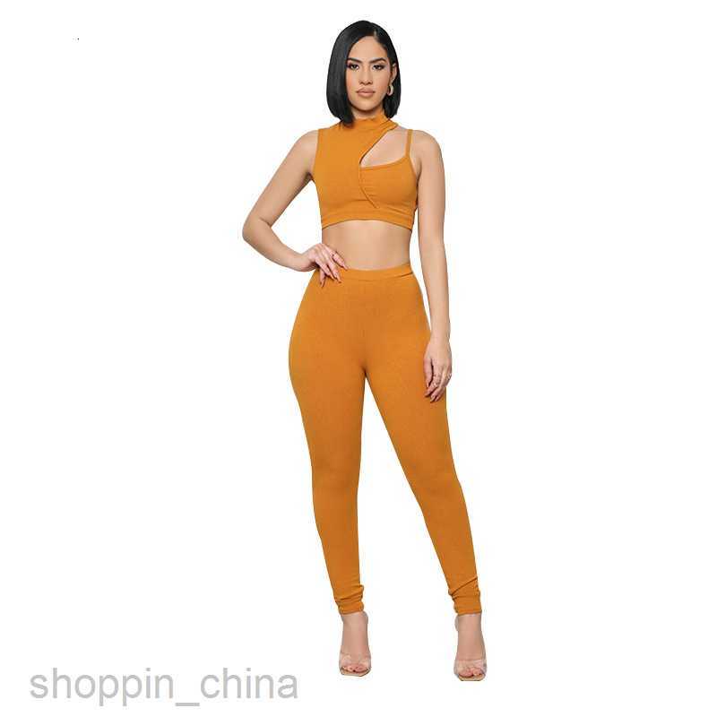 Women's Tracksuits solid color sports jogging suit Spring and summer solid color single shoulder hollowed out sleeveless top women sexy navel pan