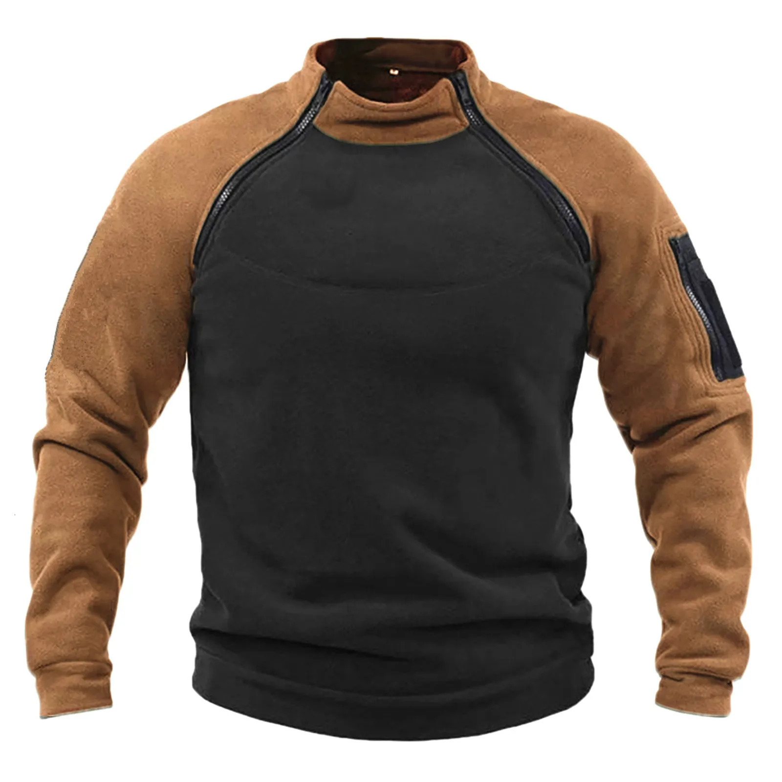 Autumn Winter Fashion Men Fleece Hoodies Patchwork Outdoor Climbing Trekking Thicken Pullover Stand Collar Tactical Sweatshirt 240620