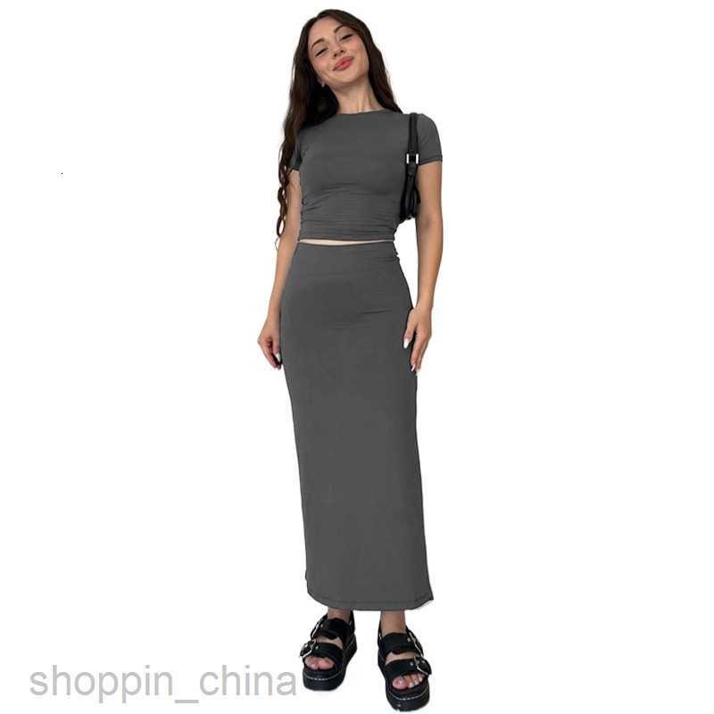 Two Piece Dress Sets Summer New Solid Color Round Neck Short sleeved Top Women Fashion Casual Long Dress Set