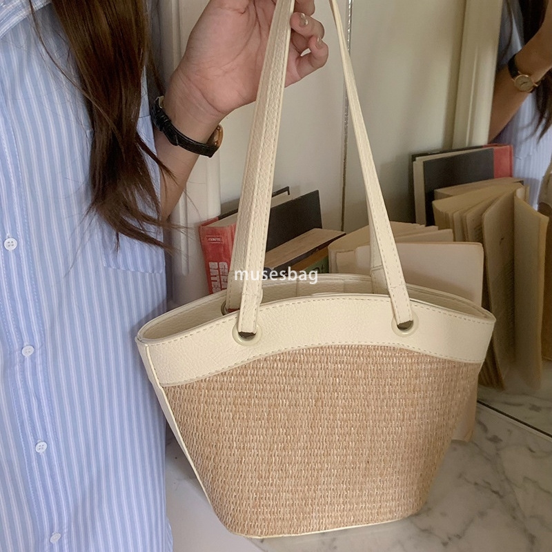 French Women Fashion Retro Large Capacity Vacation Beach Style Leisure and Western Style Versatile Vegetable Basket Single Shoulder Bag Fashion Woven 