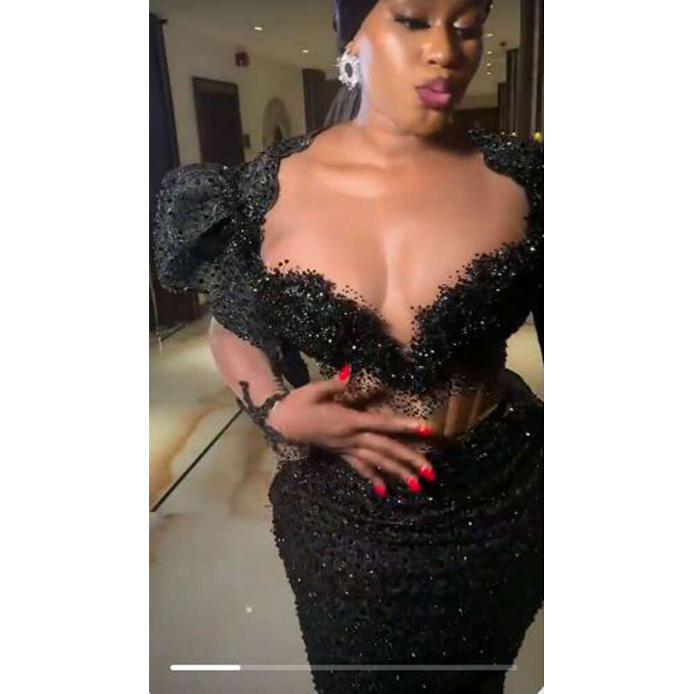 Black Lace Mermaid Prom Dresses Sexy See Through Long Sleeves Aso Ebi African Evening Gowns Women Formal Ocn Party Dress