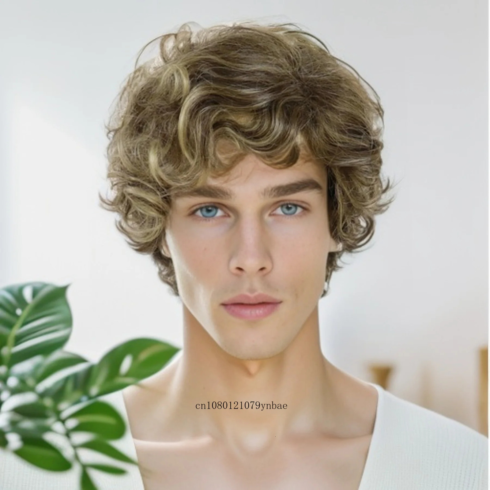 Mens Synthetic Hair Wigs Short Curly Wavy Natural Ombre Brown Wig with Bangs for Male Heat Resistant Fiber Daily Party Costume 240621