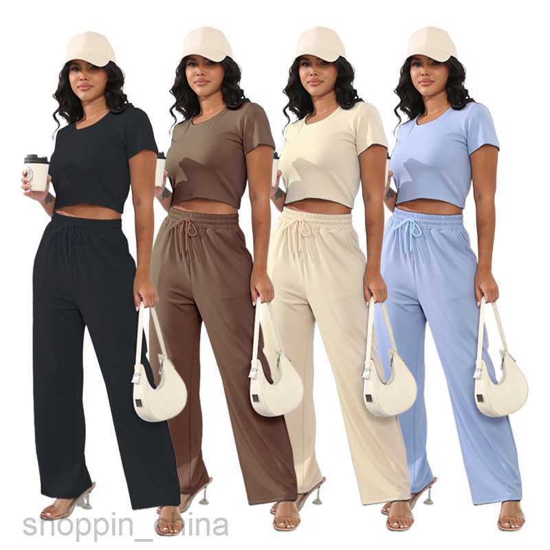 Women Tracksuits Fashionable solid color sports jogging suit Summer New Round Neck Short sleeved Women's Two Piece Fashion Casual Wide Leg Pants 