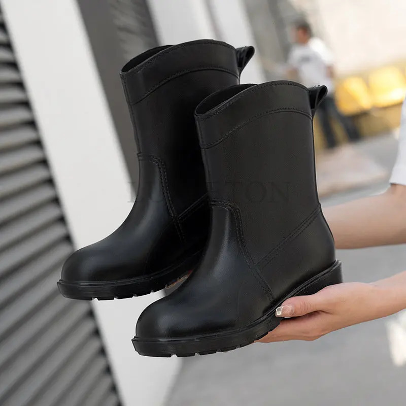 Womens Fashion Rain Boots Waterproof Woman Mud Water Shoes Rubber Rainboots Lace Up Black PVC Ankle Boots Sewing 240621
