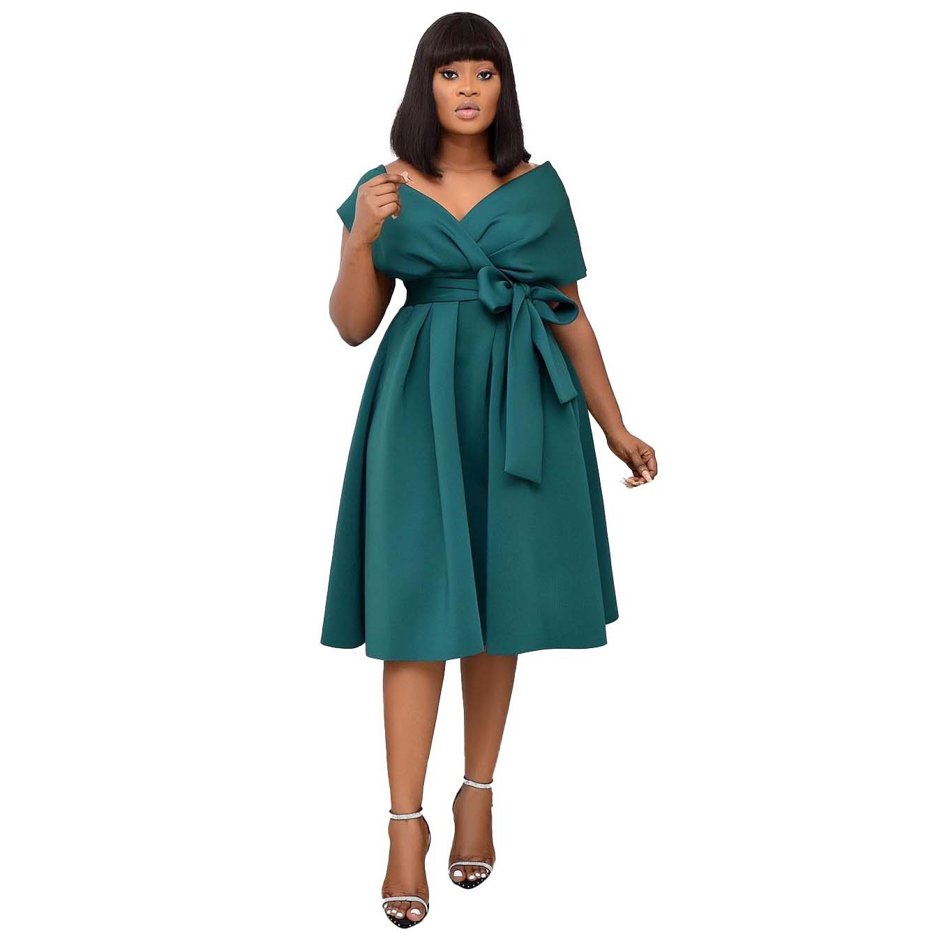New African oversized women's short sleeved V-neck off shoulder large hem evening dress, European and American dress