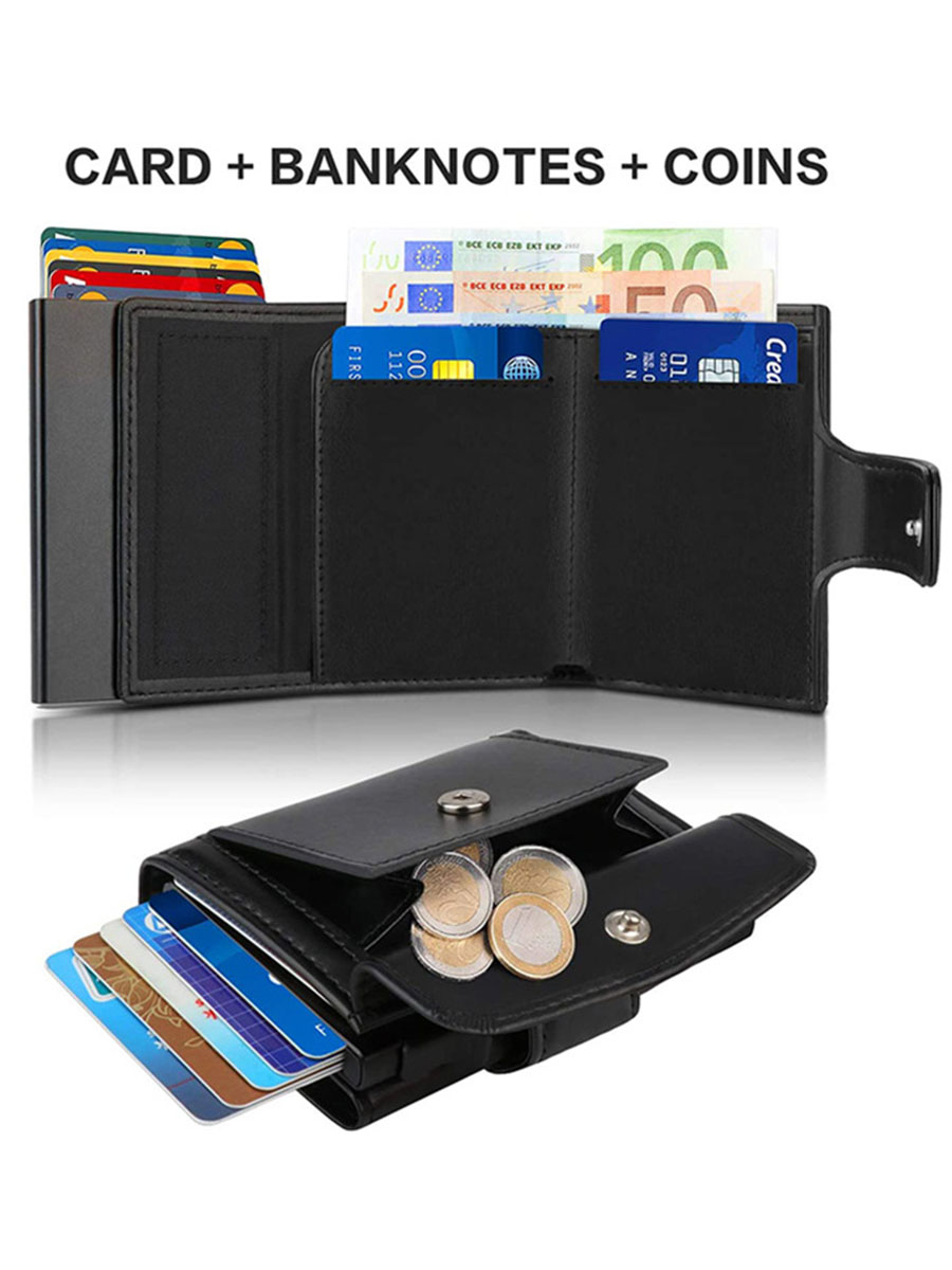 Gebwolf Aluminum Credit Card Holder Wallet RFID Blocking Trifold Smart Men Wallets 100% Genuine Leather Slim with Coin Pocket