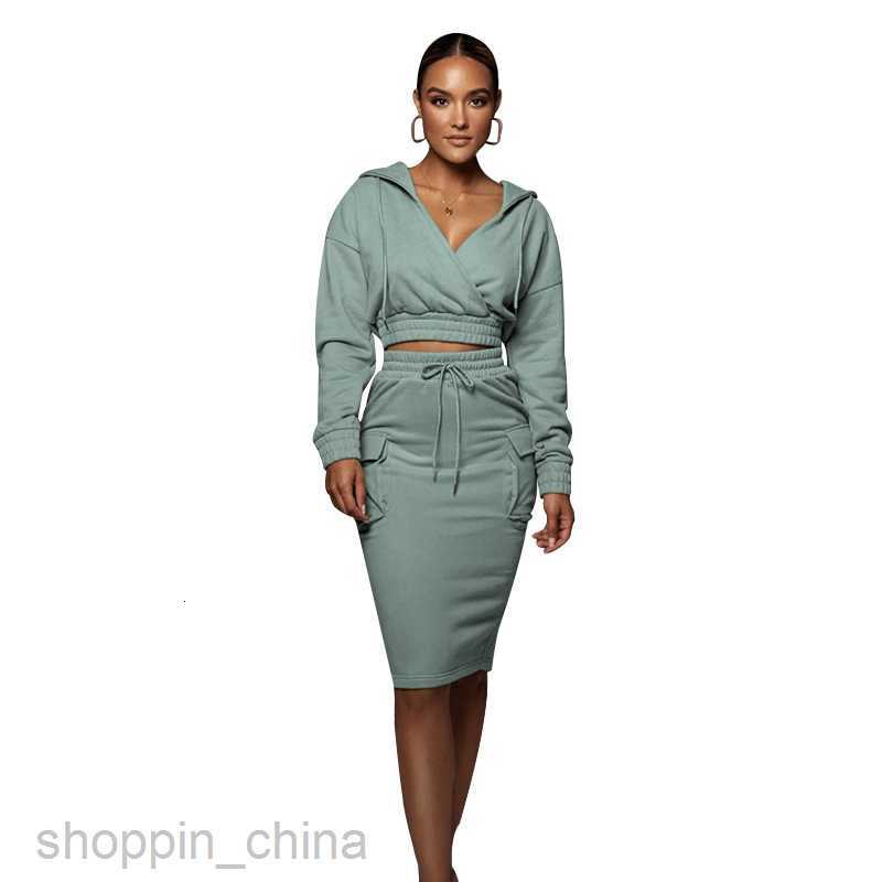 Two Piece Dress Sets autumn winter solid color V-neck hooded hip skirt women's urban leisure Long Sleeve Sweater Set
