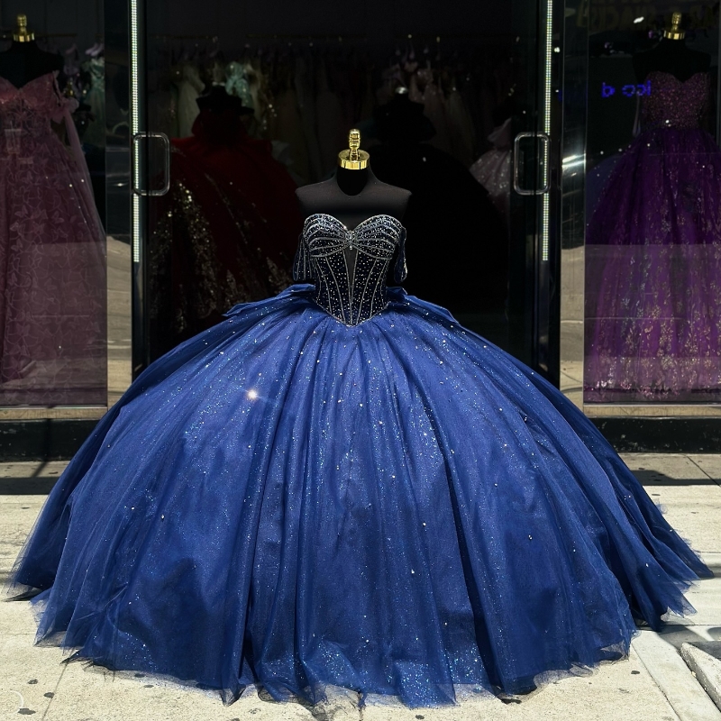 Blue Shiny Navy Princess Quinceanera Dresses Beads Off The Shoulder Crystal Bow Tull Corset Sweet 16 Dress Vestidos De 15 Anos Birthday