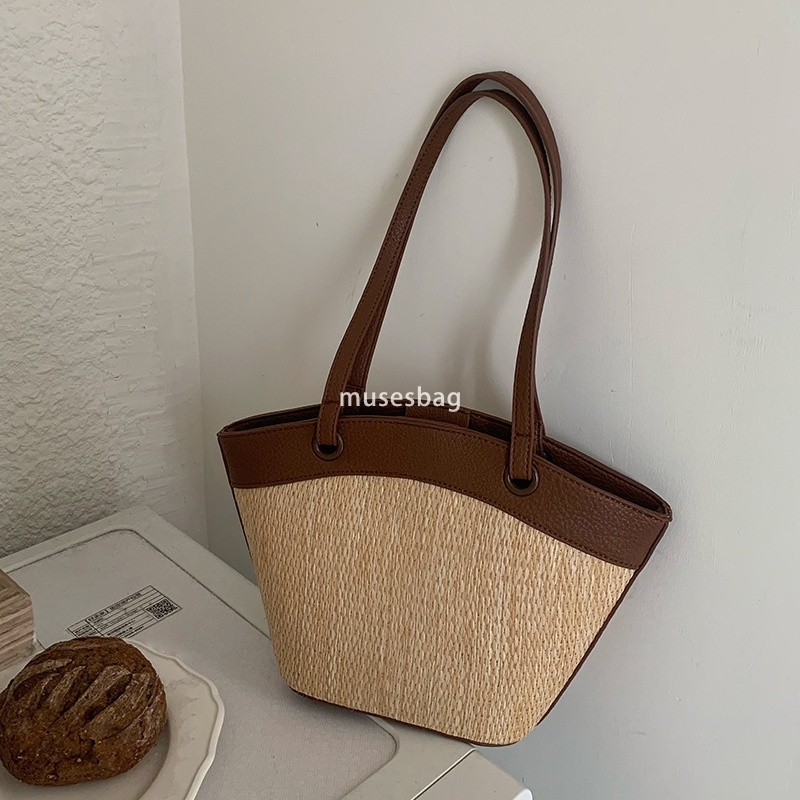 French Women Fashion Retro Large Capacity Vacation Beach Style Leisure and Western Style Versatile Vegetable Basket Single Shoulder Bag Fashion Woven 