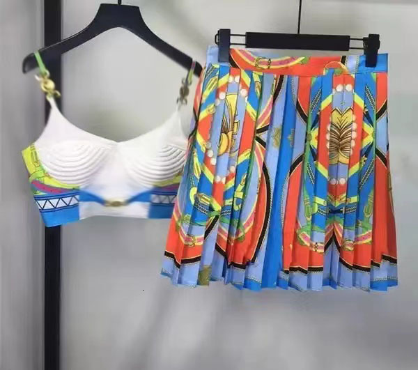 2024 Summer New Sweet and Dopamine Set Bra and Strap Top+Printed High Waist Pleated Short Skirt