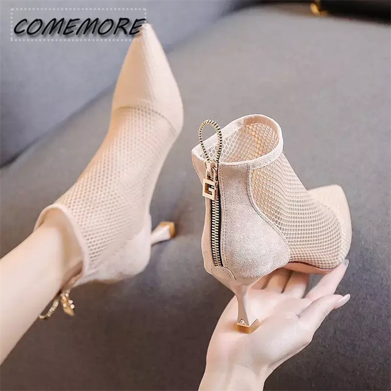 2024 Women's Mesh Sandals Boots Sexy Summer High Heels Holllow Out Breathable Casual Shoes Ankle Botas Back Zip Pointed Toe 240620