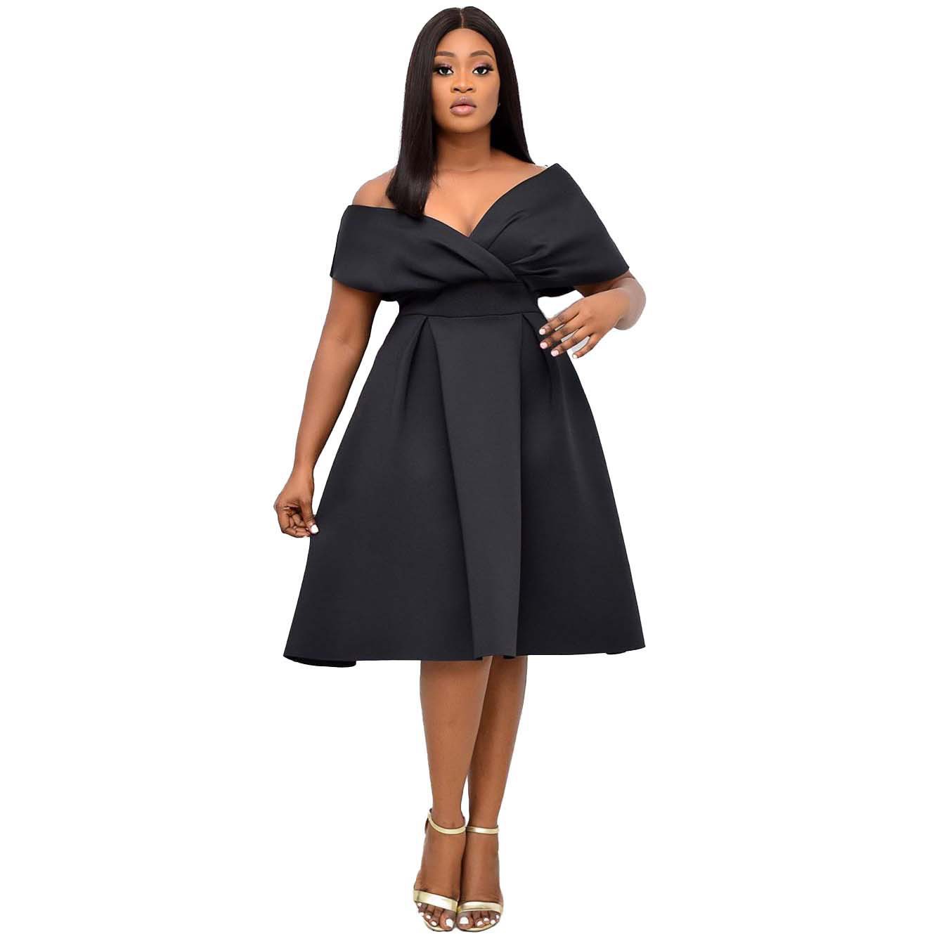 New African oversized women's short sleeved V-neck off shoulder large hem evening dress, European and American dress