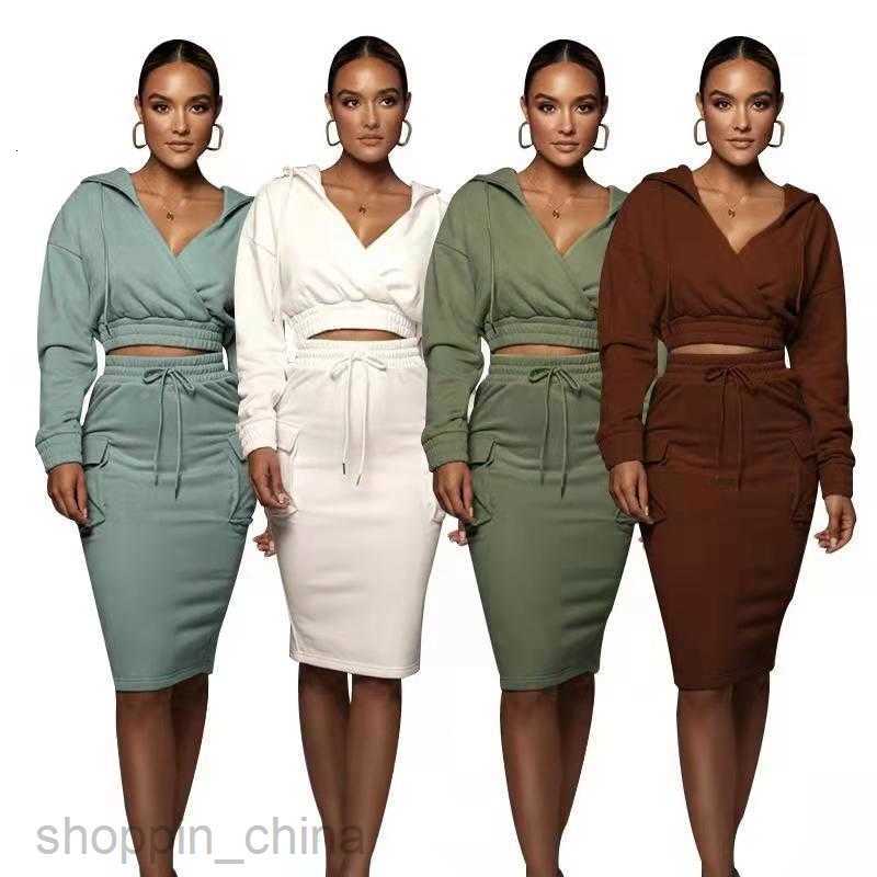 Two Piece Dress Sets autumn winter solid color V-neck hooded hip skirt women's urban leisure Long Sleeve Sweater Set
