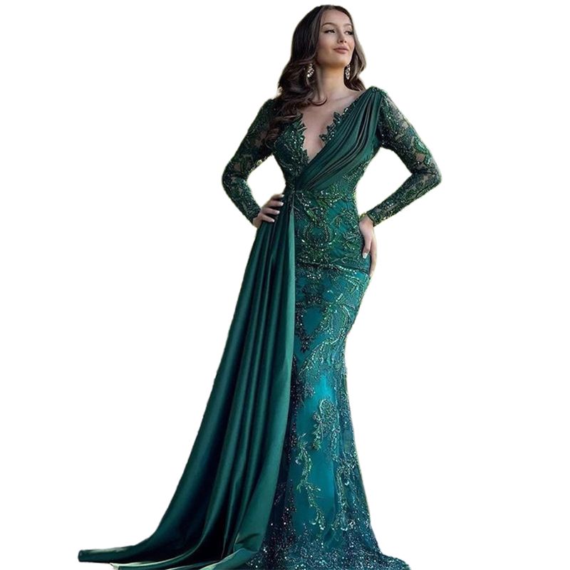 Elegant Hunter Green Lace Evening Dresses With Peplum Appliques Beaded Deep V-Neck Mermaid Long Sleeves Reception Party Prom Gowns 2026 Special Occasi