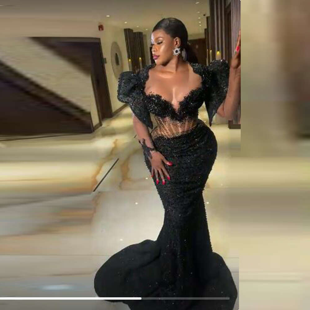 Black Lace Mermaid Prom Dresses Sexy See Through Long Sleeves Aso Ebi African Evening Gowns Women Formal Ocn Party Dress