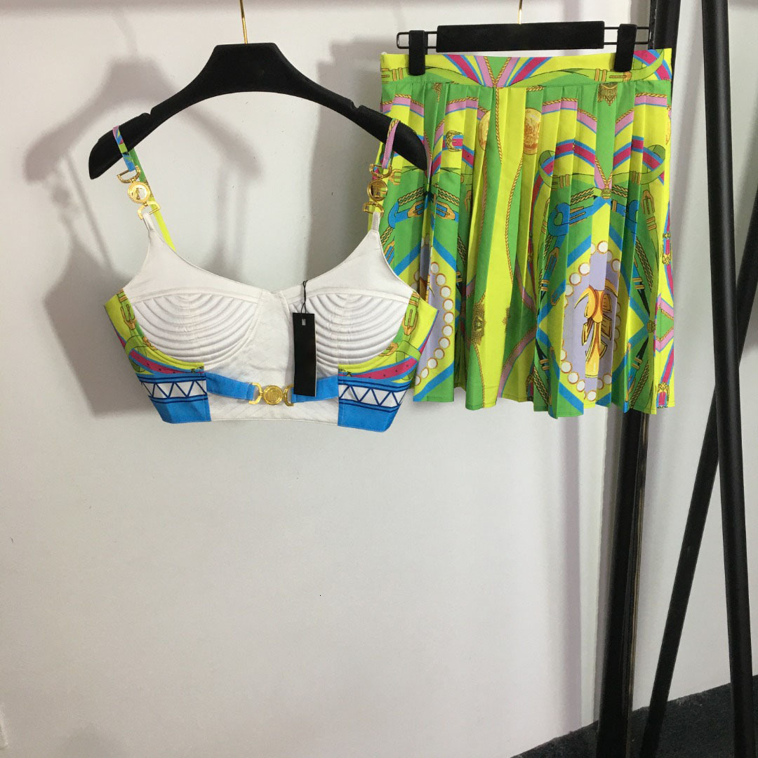2024 Summer New Sweet and Dopamine Set Bra and Strap Top+Printed High Waist Pleated Short Skirt