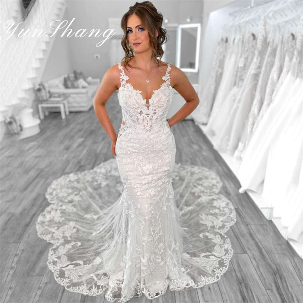 Elegant Wedding Dress Women 2024 Mermaid Open Back V-Neck Lace Spaghetti Strap Bridal Gown Sweep Train Vestidos De Novia