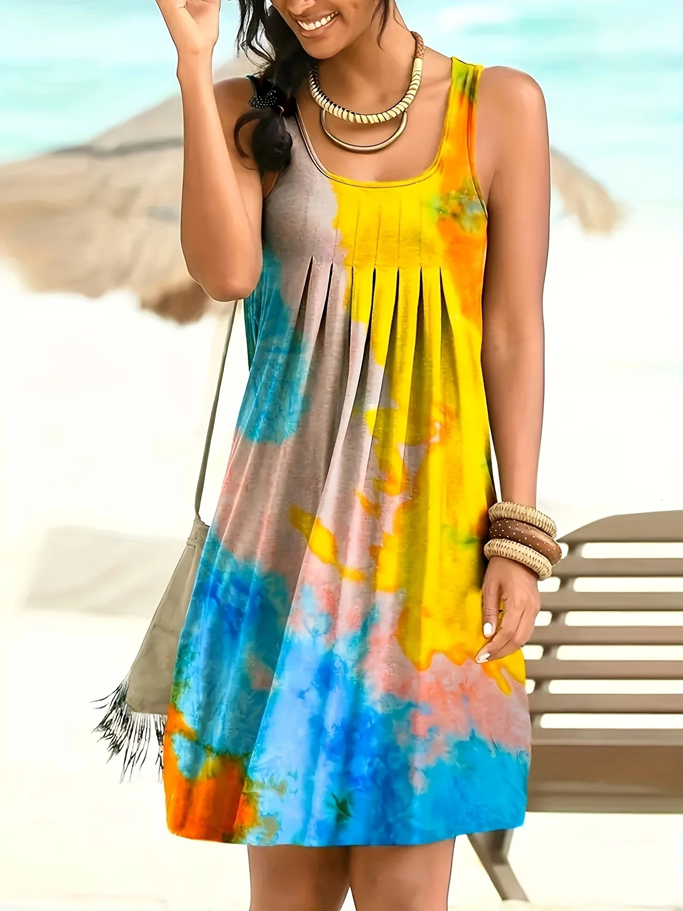 Plus Size Womens Summer Tie-Dye Pleated Sleeveless Dress Beach Tank Dress Vestidos De Verano Mujer 24