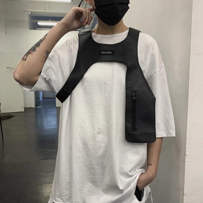 Men irregular punk hip hop leather vest hollow out PU leather sleeveless jacket man vintage casual cropped waistcoat veste homme 240618