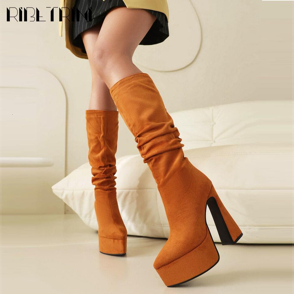 Flock Chunky High Heel For Woman Pull On Mid Calf Platform Shoes 2023 Winter Brown Office Lady Dress Design Boots
