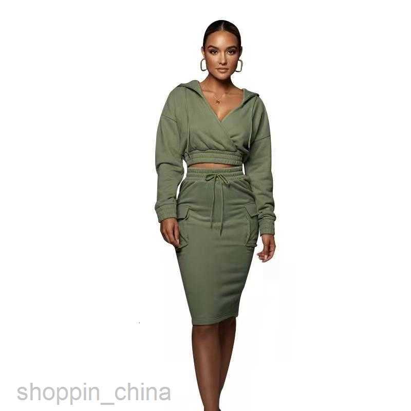 Two Piece Dress Sets autumn winter solid color V-neck hooded hip skirt women's urban leisure Long Sleeve Sweater Set
