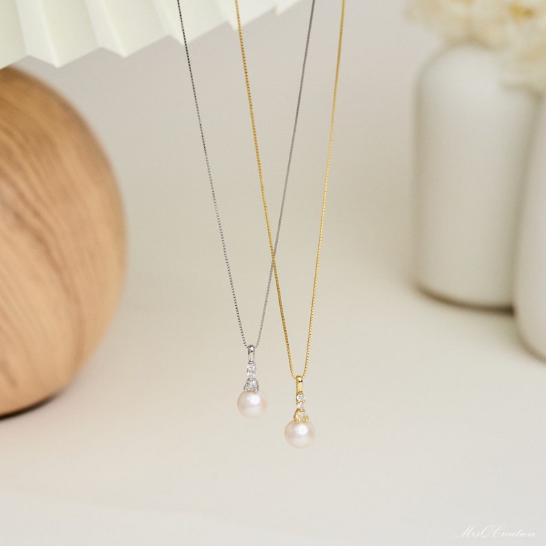 Sterling Silver Pearl Necklace with Diamond, Bridal Wedding Necklace, Mothers Day Gift, Bridesmaid Gift