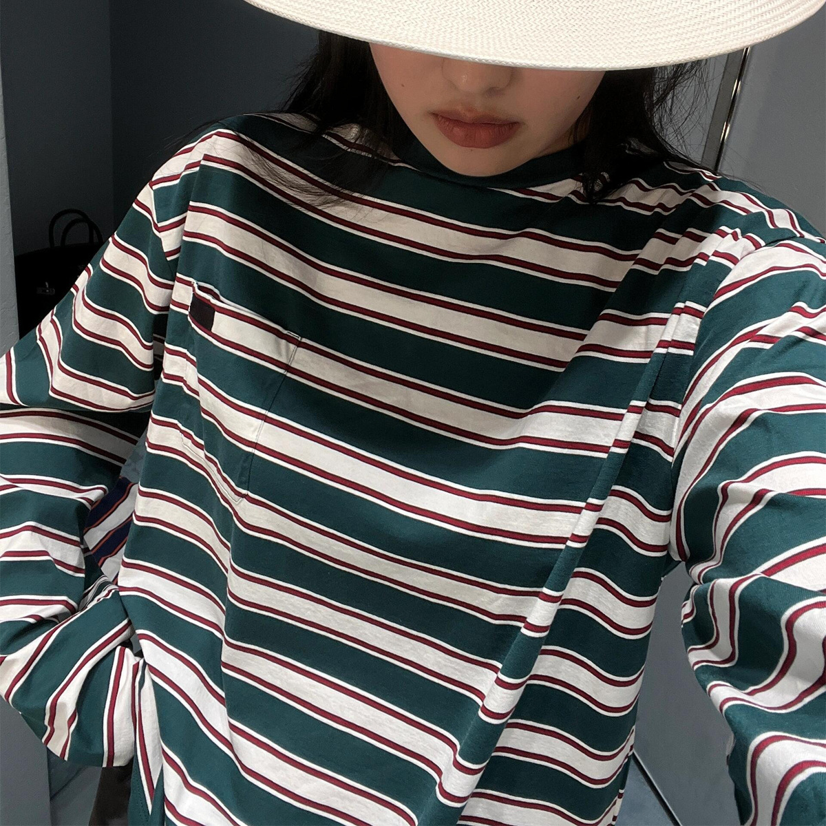 Unisex Round-Neck Striped Long-Sleeved T-Shirt For Summer Loose Mid-Length Couple Sun Protection Bottoming Top