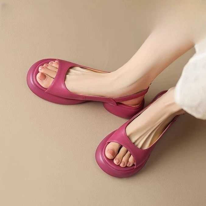 Leather round head platform open-toed sandals for women 2024 summer soft sole leisure commuter all-match chunky heels Q240621