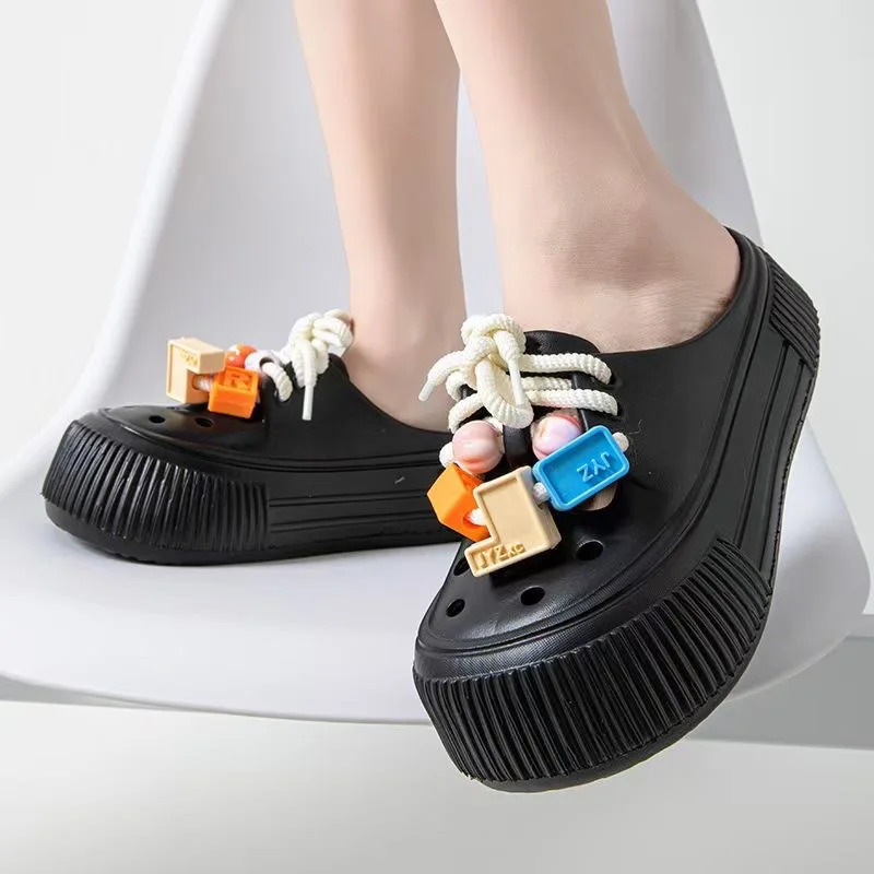 Womens Hole Shoes Fashion Platform Sandals Increase Baotou Sandal Summer Casual Lace-up Half Slipper Non-slip Beach Shoes 240620