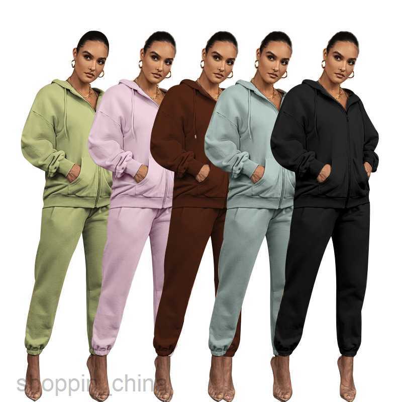 Women's Tracksuits Fashion solid color sports jogging suit autumn winter solid color cardigan hooded pants women urban leisure Plush Long Sleeve 