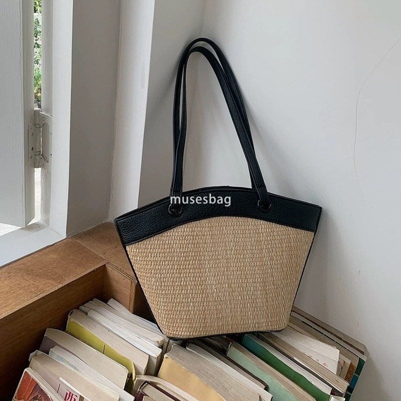 French Women Fashion Retro Large Capacity Vacation Beach Style Leisure and Western Style Versatile Vegetable Basket Single Shoulder Bag Fashion Woven 