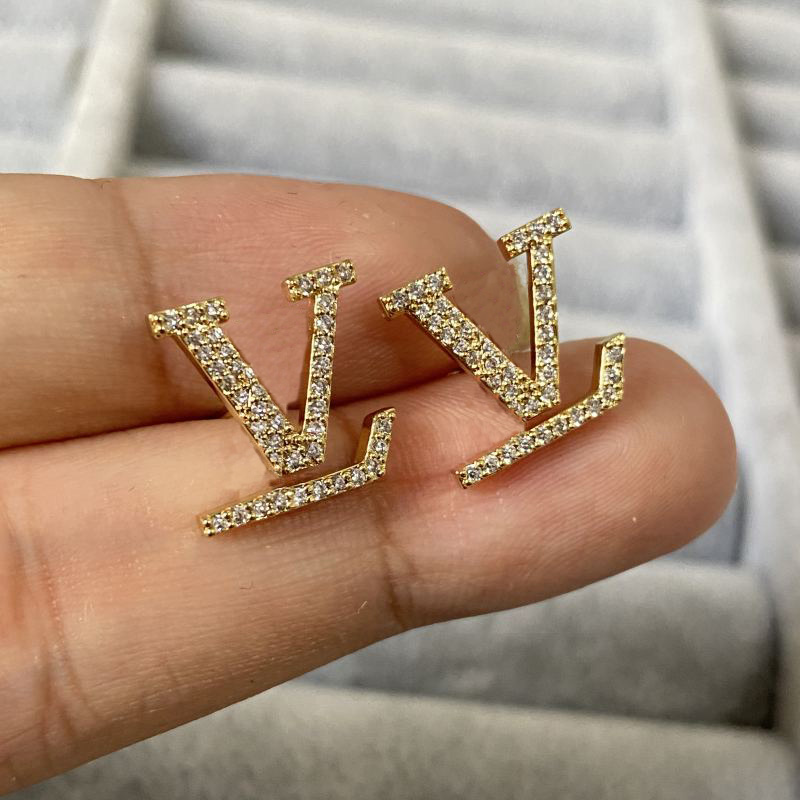 Gold Silver Color As Original Designer Earrings Full Diamonds Shiny V Letter Fashion Earrings Stainless Steel Couple Earrings For Women Girls