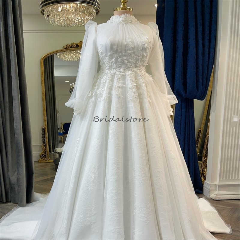 Elegant Arabic Muslim Wedding Dresses 2024 High Neck Appliques Lace Long Sleeve Islamic Bridal Dress Abaya Country Bride Dress Dubai Garden Church Rob