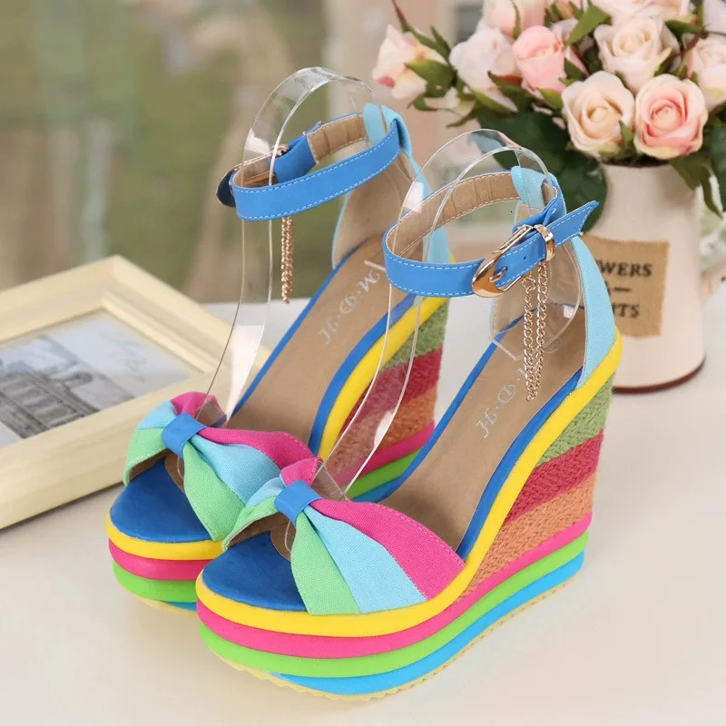 Plus Size 33-43 Shoes for Women Summer Wedges Sandals Colorful Platform Rainbow Bowknot Hemp Bottom Female Buckle Strap Shoes 240621