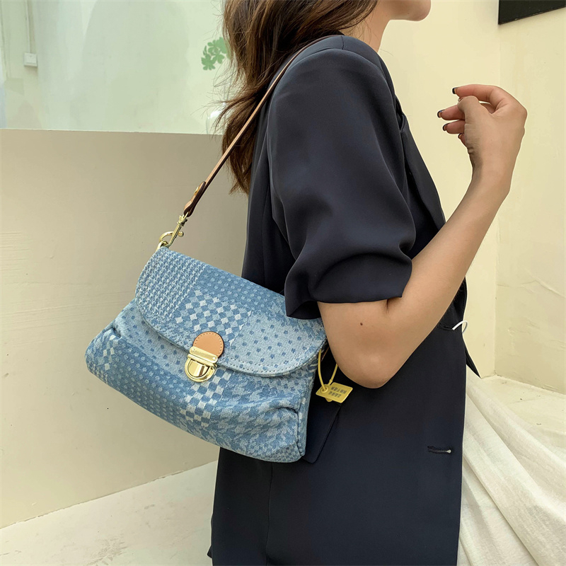 Jeans Designer Vintage Houndstooth Pattern Women 's Shoulder Flap Zipper Denim Handbag Underarm Bag Shopper Tote H6.21#38.4 ddmySept ddmySept
