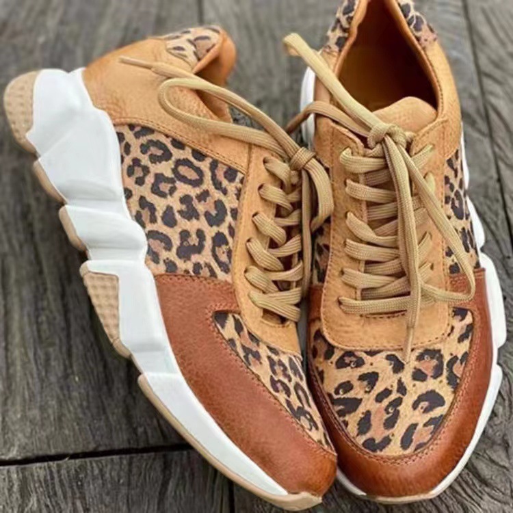 Platform Sneakers Women 2023 Round Toe Low-top Leopard Wedge Shoes Women's Lace Up Socofy Casual Sports Shoes