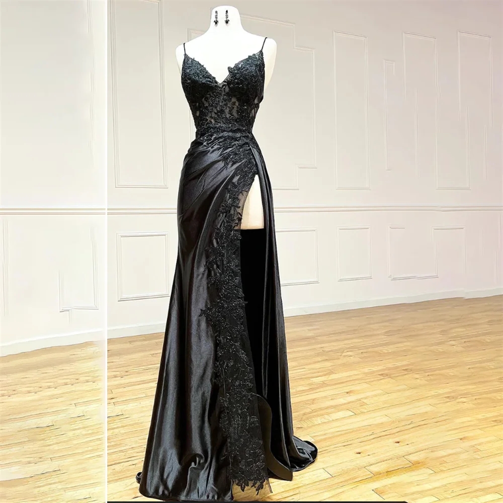 Sexy Black Silt Long Prom Dress 2024 Spaghetti Strap Appliques Lace Beads Satin Formal Party Gowns Evening Dresses Robe De Soriee Customed