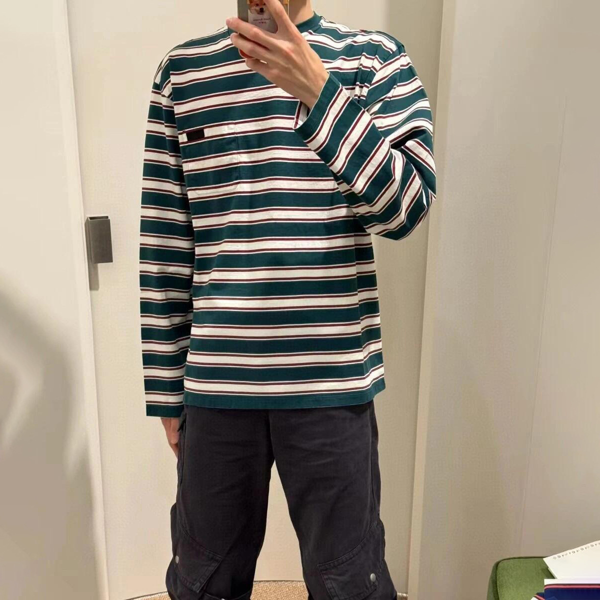 Unisex Round-Neck Striped Long-Sleeved T-Shirt For Summer Loose Mid-Length Couple Sun Protection Bottoming Top