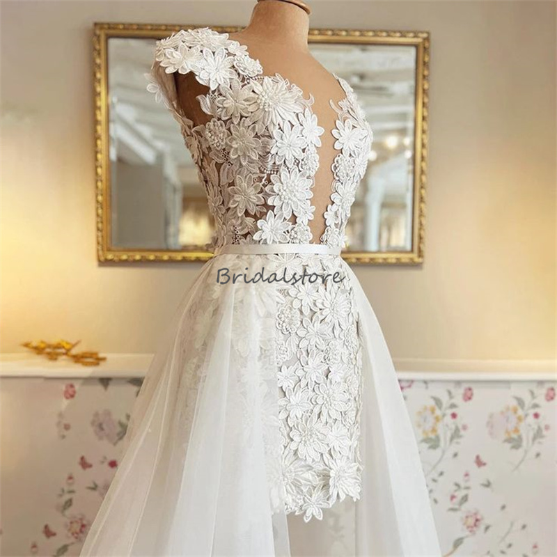 Celtic Gatsby Hi Low Wedding Dresses With Detachabla Train 2024 Flowers Backless Lace Boho Bridal Dress 2 In 1 Bohemian Bride Dress Cap Sleeve Country