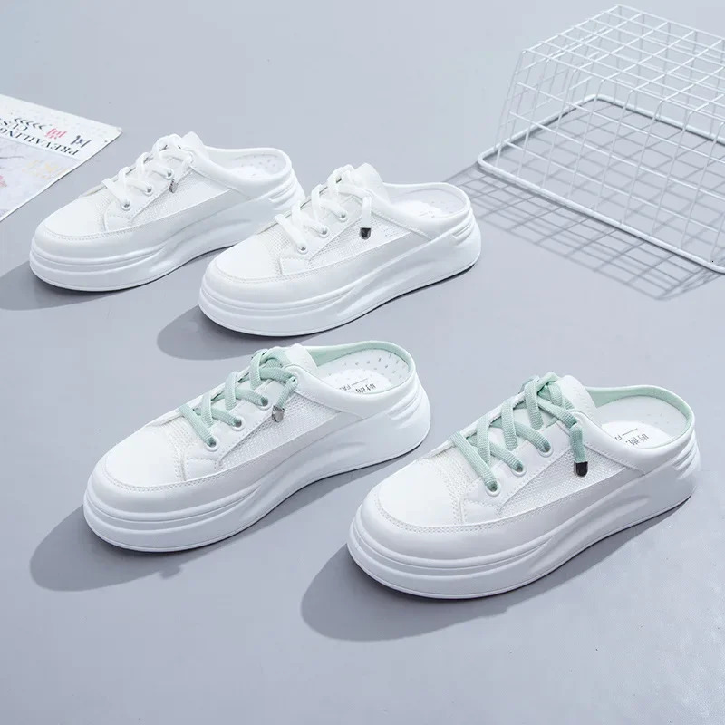 Baotou Half Slippers Outer Wear Fashion Summer Womens Shoes Mesh Breathable White Shoes Korean Shoes Women 240620