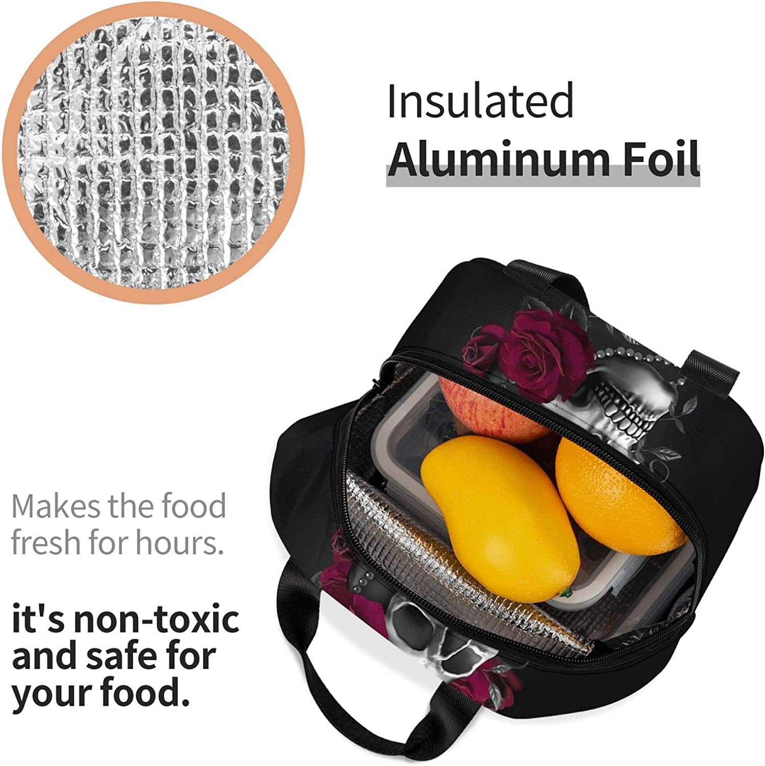 Gothic Rose Skull Insulated Lunch Box Reusable Cooler Tote Bag Waterproof Lunch Holder Gift for Women & Men Work Picnic Travel