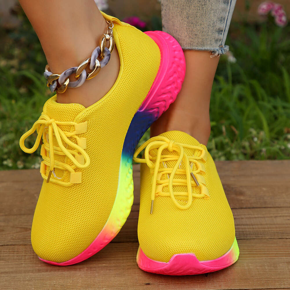 2023 Autumn Thick Sole Lace up Knitted Sports Women's Large Rainbow Elastic Casual Style Single Shoes ddmythur
