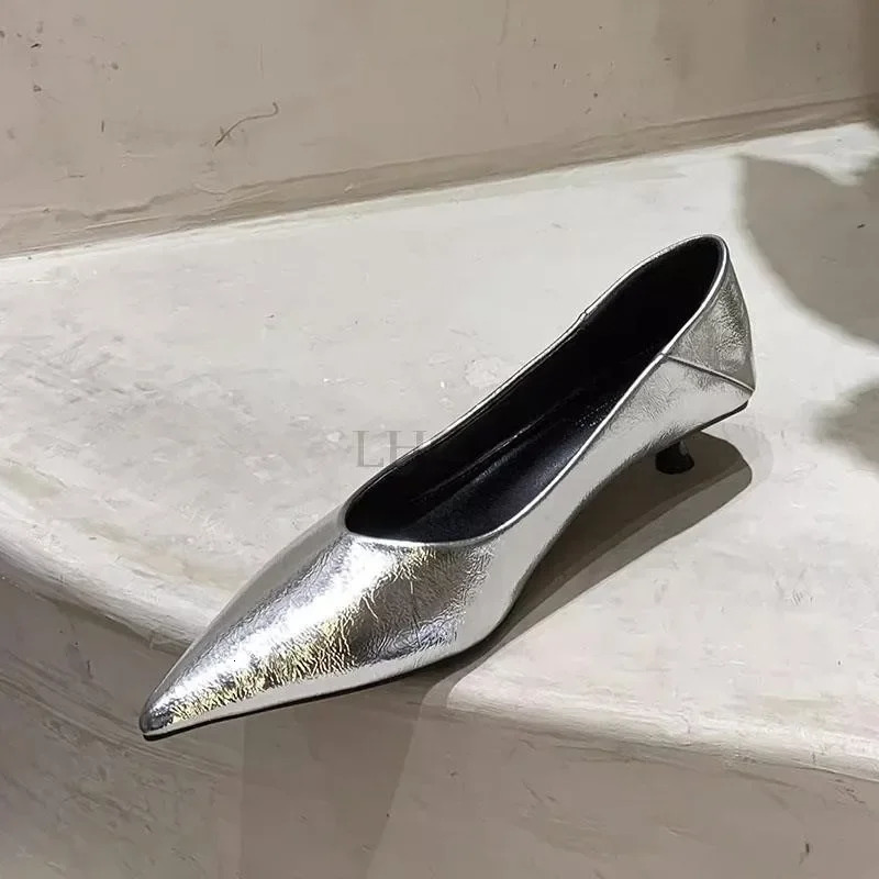 New Womens Boat Shoes Pointed Toe Pumps Kitten Heel Dress Silver Office Black Spring Autumn 240620