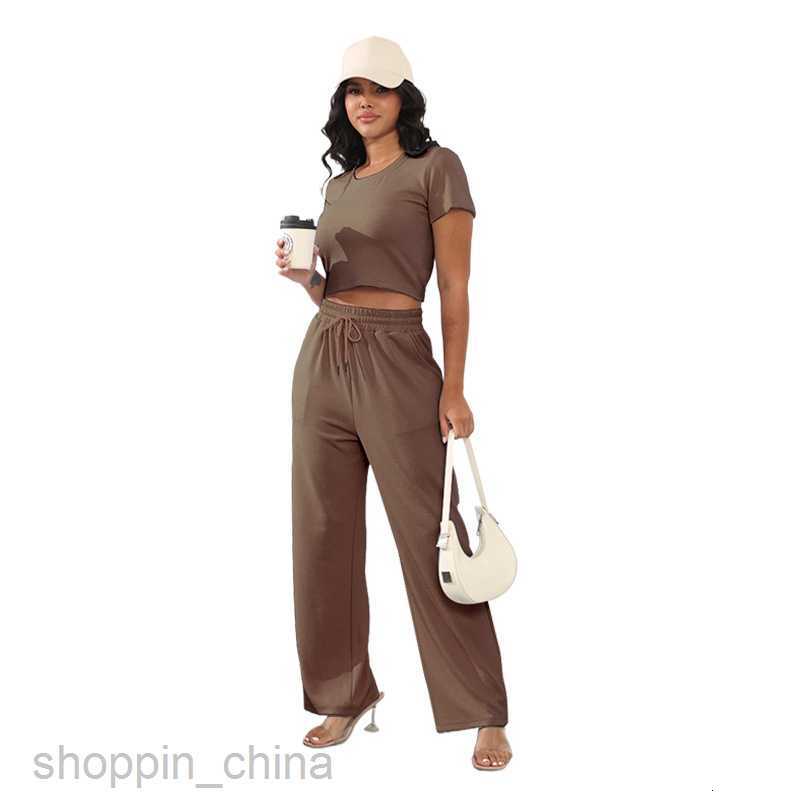 Women Tracksuits Fashionable solid color sports jogging suit Summer New Round Neck Short sleeved Women's Two Piece Fashion Casual Wide Leg Pants 