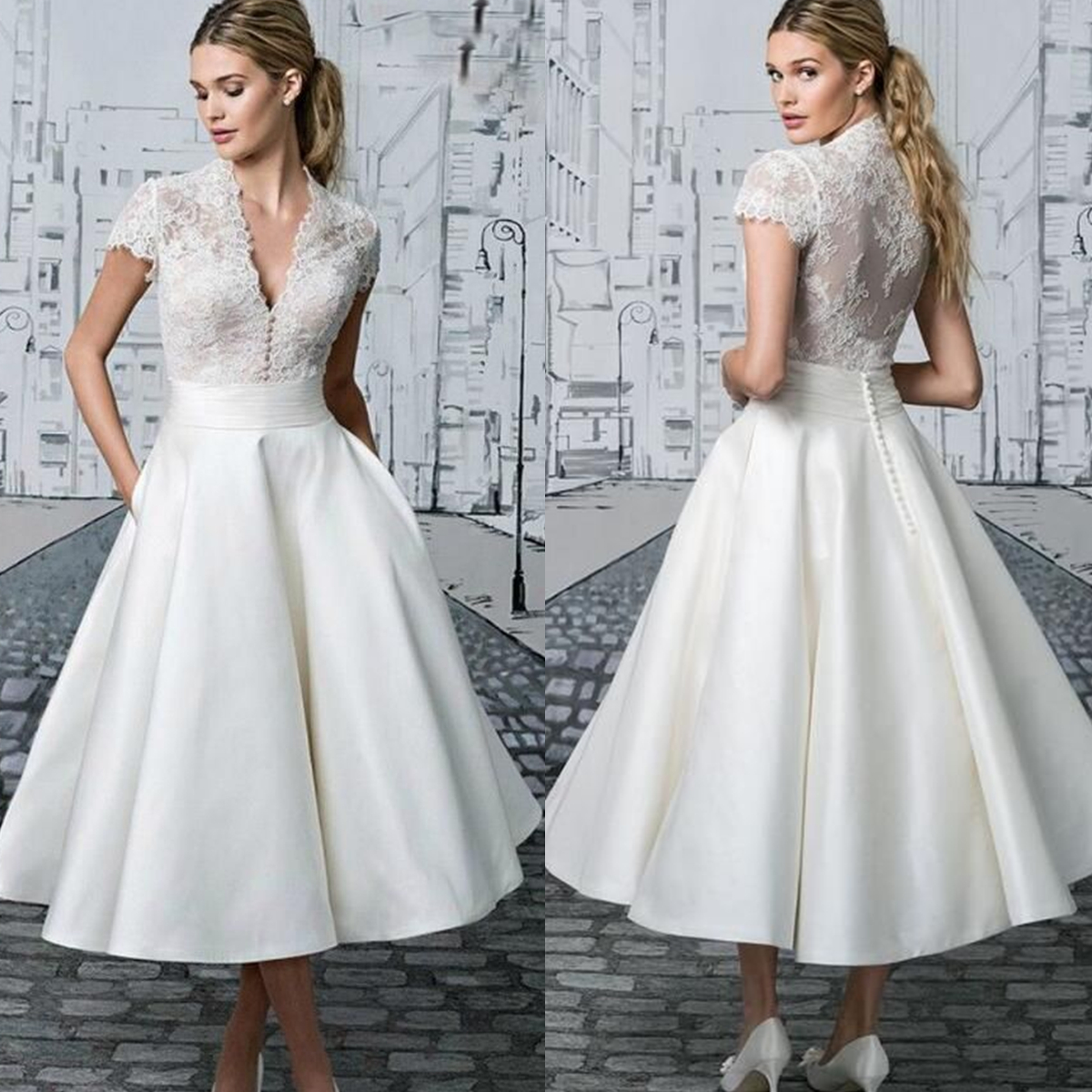 Tea Length Ivory A-Line Wedding Dresses With Pockets 2024 Vintage Bridal Gowns Lace Appliques Top Short Sleeves V-Neck Satin Vestido De Novia
