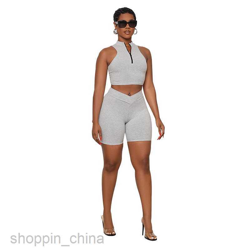 Women's Tracksuits Fashion solid color sports jogging suit Summer New Solid Color Sleeveless Zipper Collar Open Navel Women Casual Shorts Set Set