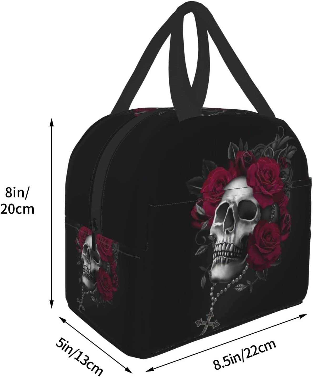 Gothic Rose Skull Insulated Lunch Box Reusable Cooler Tote Bag Waterproof Lunch Holder Gift for Women & Men Work Picnic Travel