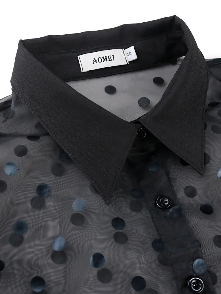 Women Black Tulle Blouses Polka Dots Print Button Down Long Lantern Sleeve Shirt Tops Elegant Classy Plus Size Trendy Club Wear 240617